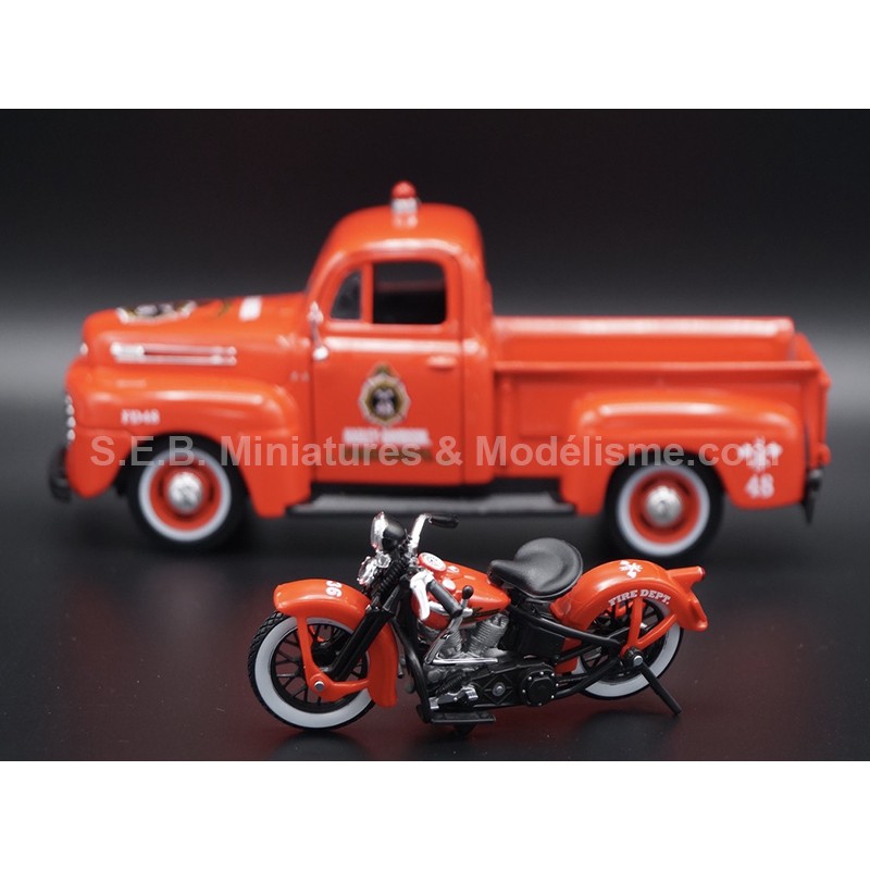 FORD PICK-UP F1 1948 FIRE DEPT48 + HARLEY DAVIDSON EIKNUCKLEHEAD 1936 1:24 MAISTO  left side