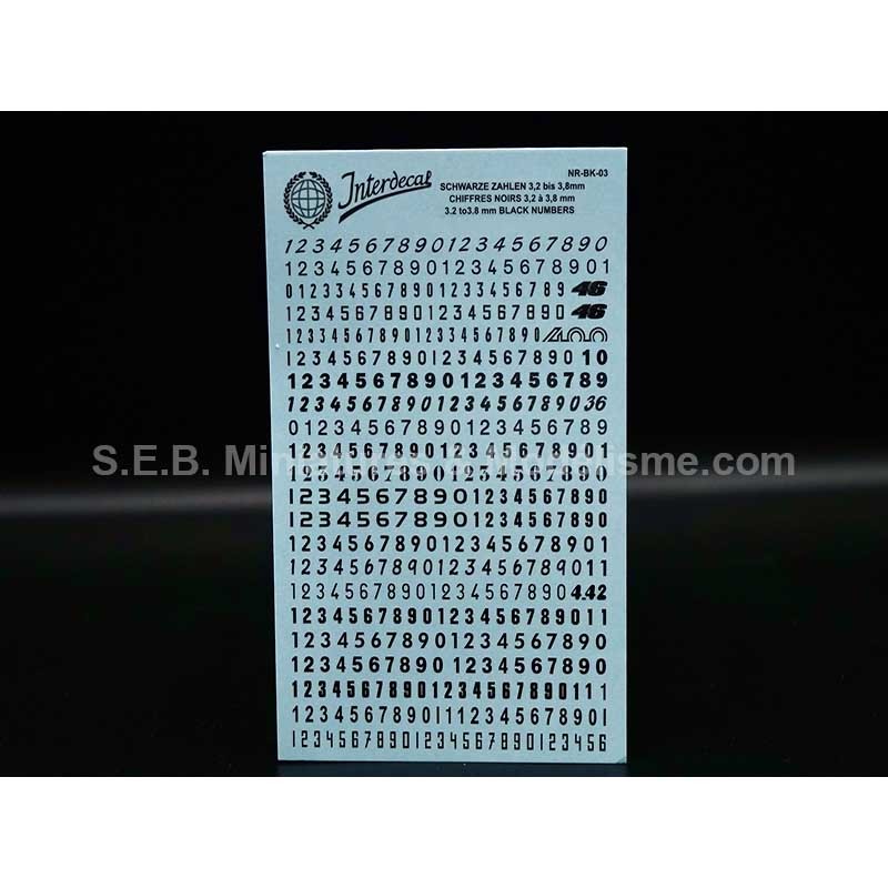 Planche de chiffres noirs de 3,2mm à 3,8mm