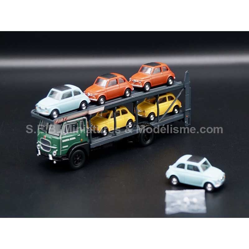 CAMION FIAT 642 TRANSPORT DE VOITURES + 6 FIAT 500 1/87 BREKINA avant gauche CAMION FIAT 642 TRANSPORT DE VOITURES + 6 FIAT 500 1/87 BREKINA avant gauche