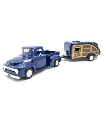 FORD F-100 PICK-UP + REMORQUE DE CAMPEURS BLEU 1:24 MOTORMAX