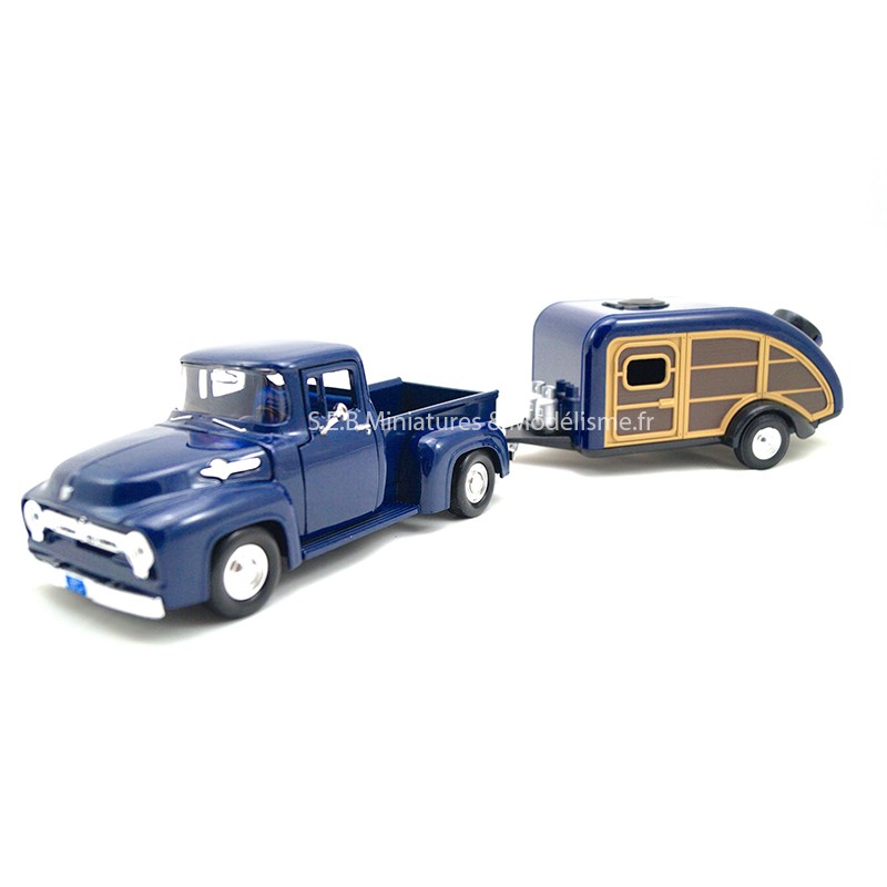 FORD F-100 PICK-UP + REMORQUE DE CAMPEURS BLEU 1:24 MOTORMAX